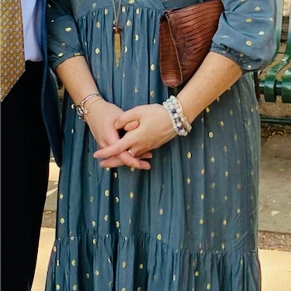 Anthropologie Blue Gray Dress with Gold Accents - Picture 2 of 3